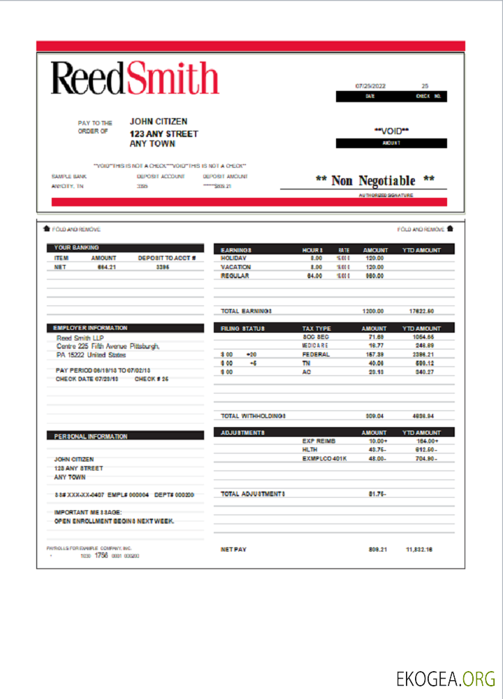 Bulletin de paie du cabinet d'avocats Reed Smith LLP aux États Unis